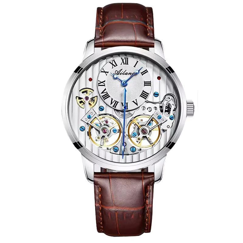 Double Tourbillon Men Watches Leather Wrist Mechanical Watches Automatic Flying Tourbillon Watches Waterproof Relogio