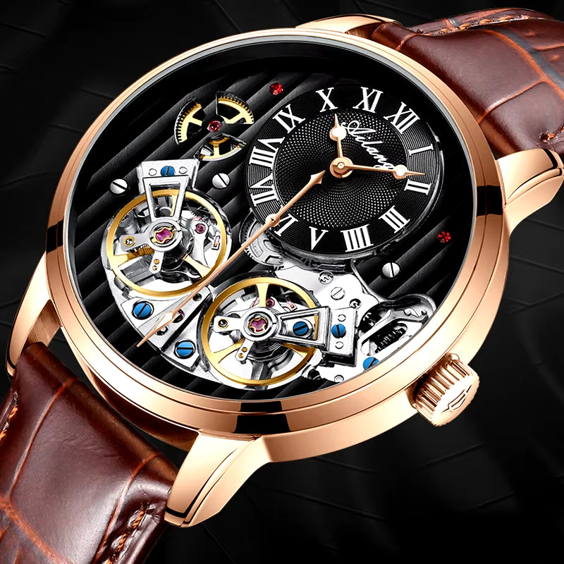 Double Tourbillon Men Watches Leather Wrist Mechanical Watches Automatic Flying Tourbillon Watches Waterproof Relogio