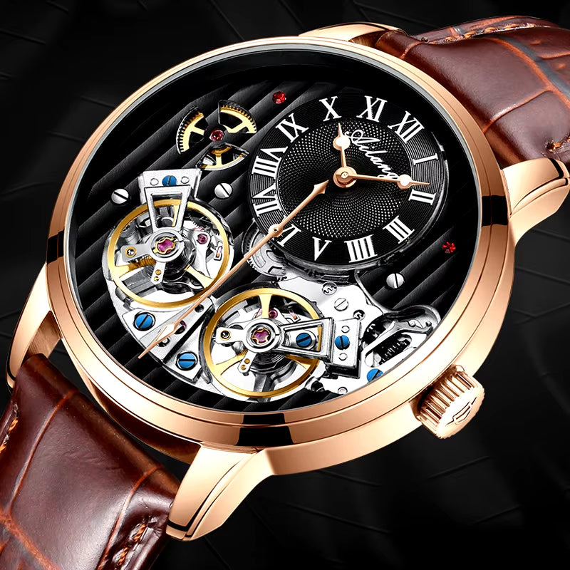 Double Tourbillon Men Watches Leather Wrist Mechanical Watches Automatic Flying Tourbillon Watches Waterproof Relogio