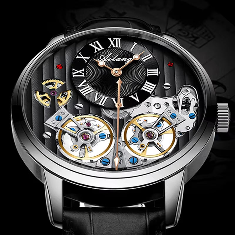 Double Tourbillon Men Watches Leather Wrist Mechanical Watches Automatic Flying Tourbillon Watches Waterproof Relogio