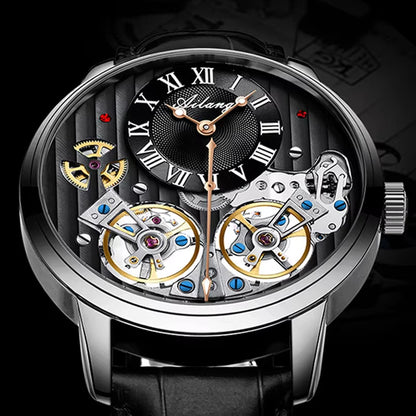 Double Tourbillon Men Watches Leather Wrist Mechanical Watches Automatic Flying Tourbillon Watches Waterproof Relogio