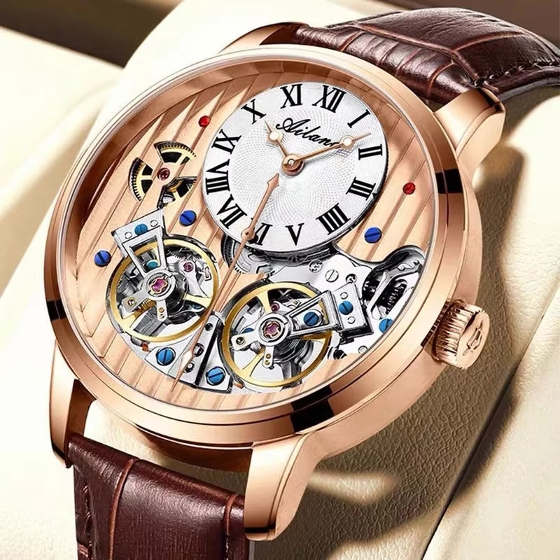 Double Tourbillon Men Watches Leather Wrist Mechanical Watches Automatic Flying Tourbillon Watches Waterproof Relogio