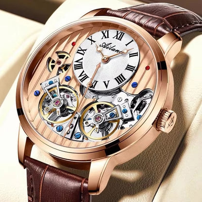 Double Tourbillon Men Watches Leather Wrist Mechanical Watches Automatic Flying Tourbillon Watches Waterproof Relogio