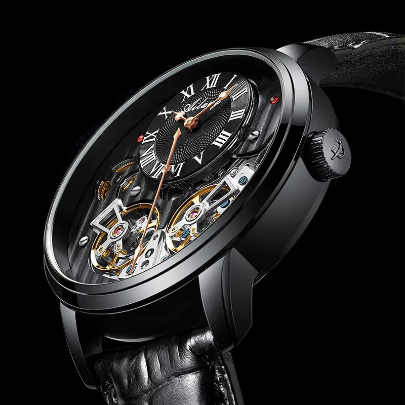 Double Tourbillon Men Watches Leather Wrist Mechanical Watches Automatic Flying Tourbillon Watches Waterproof Relogio
